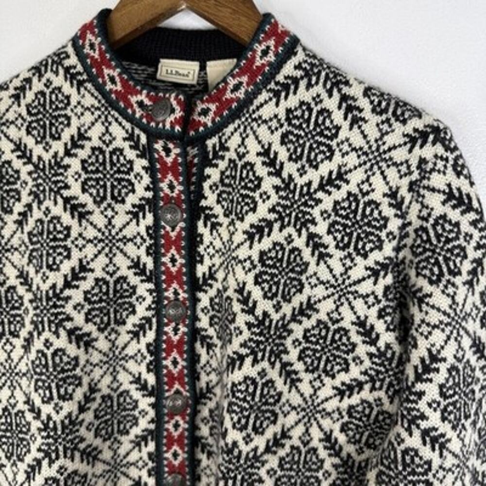 L.L. Bean Fair Isle Wool Cardigan Sweater Nordic S Crew Button Knit Merino